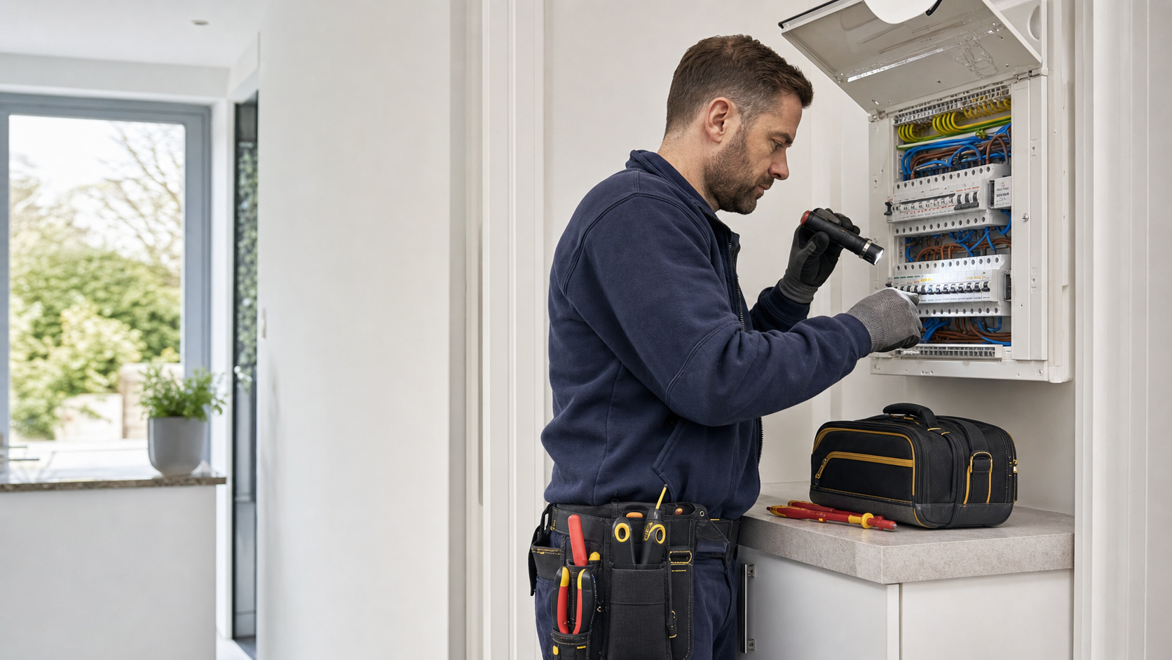 Qualified electrician inspecting a consumer unit